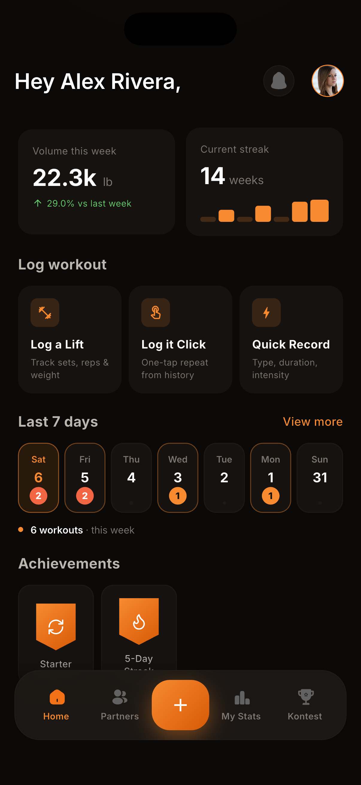kontest home dashboard showing weekly volume up 29 percent, a 14-week streak, three quick log modes, and the Leo AI coach card