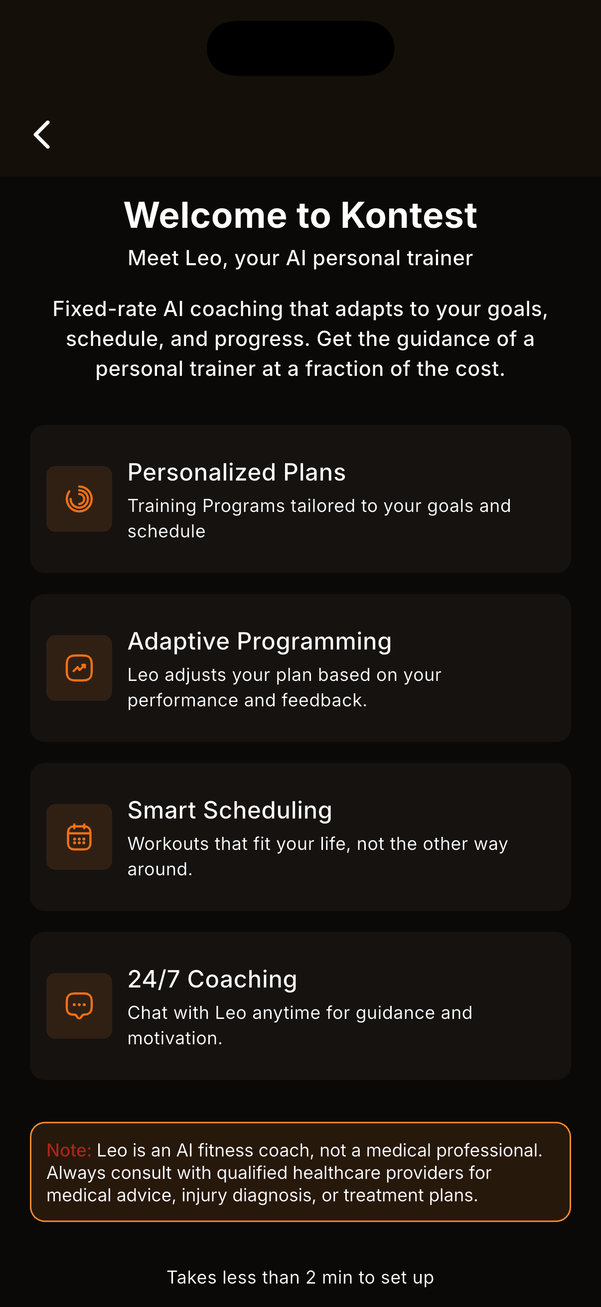 kontest welcome screen introducing Leo the AI personal trainer with personalized plans, adaptive programming, smart scheduling, and 24/7 coaching