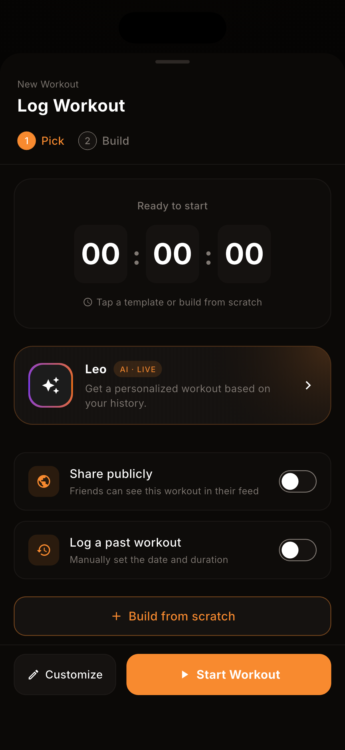 kontest log workout screen with Generate with Leo, a share publicly toggle, and saved one-tap workout templates