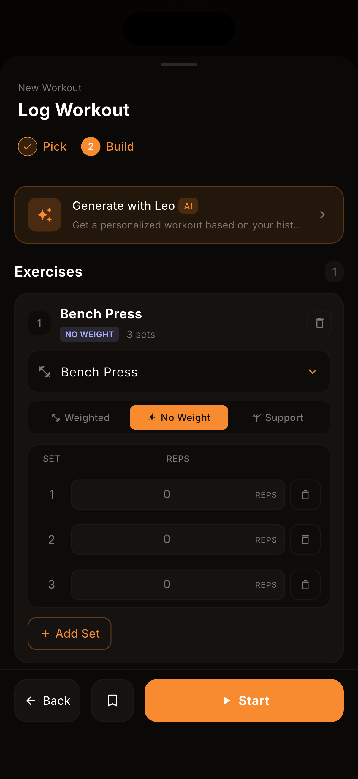 kontest workout builder with weighted, no-weight, and support toggles, set and rep entry, and Generate with Leo