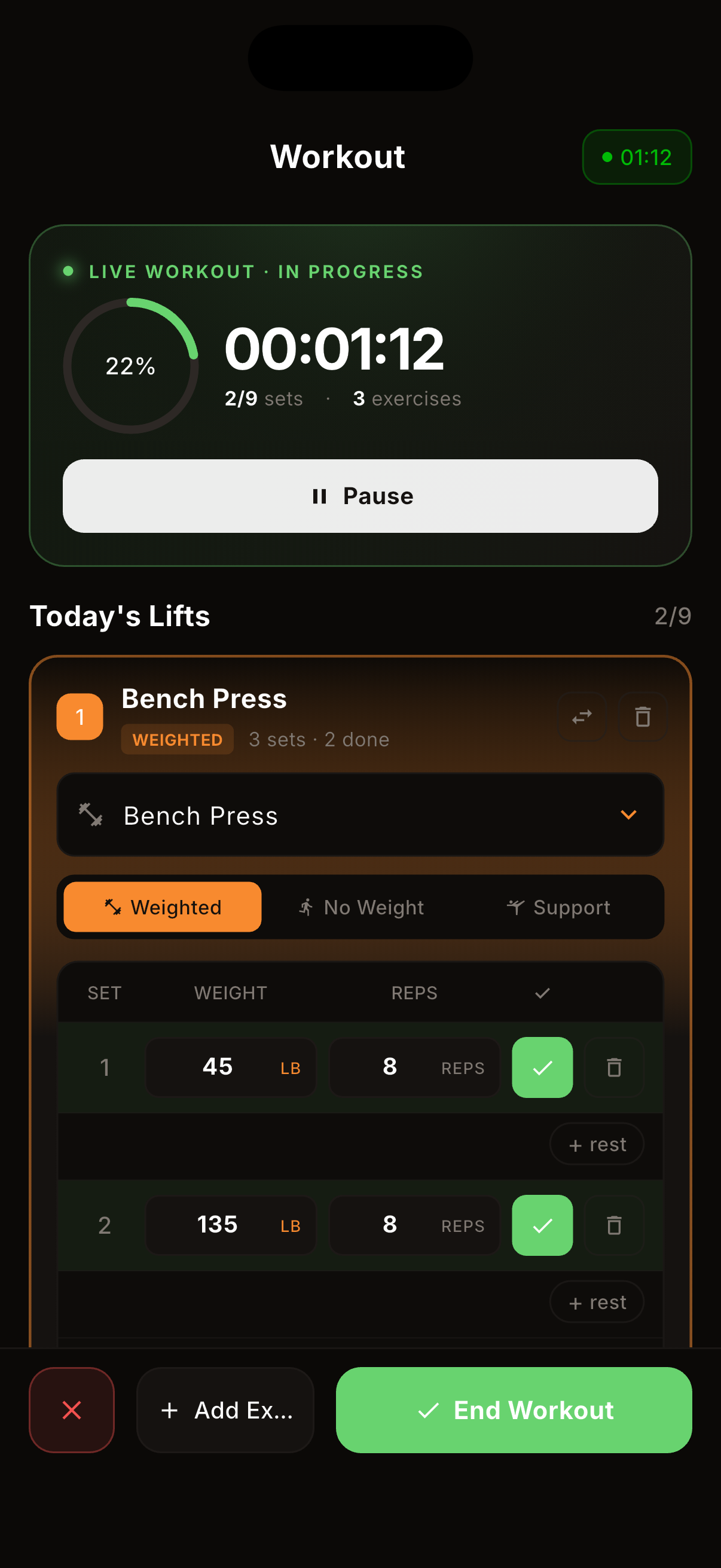 kontest live workout screen showing a running timer, set and rep tracking, and pause and end workout controls