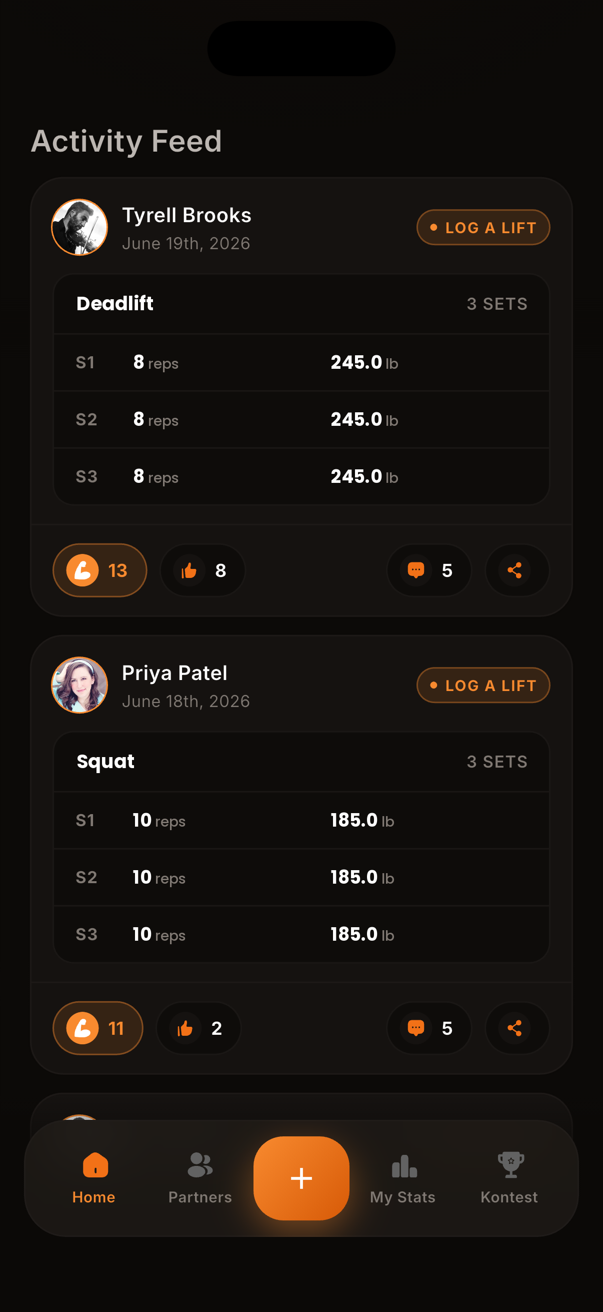 kontest activity feed showing friends logged workouts with fire, thumbs up, comment, and share reactions
