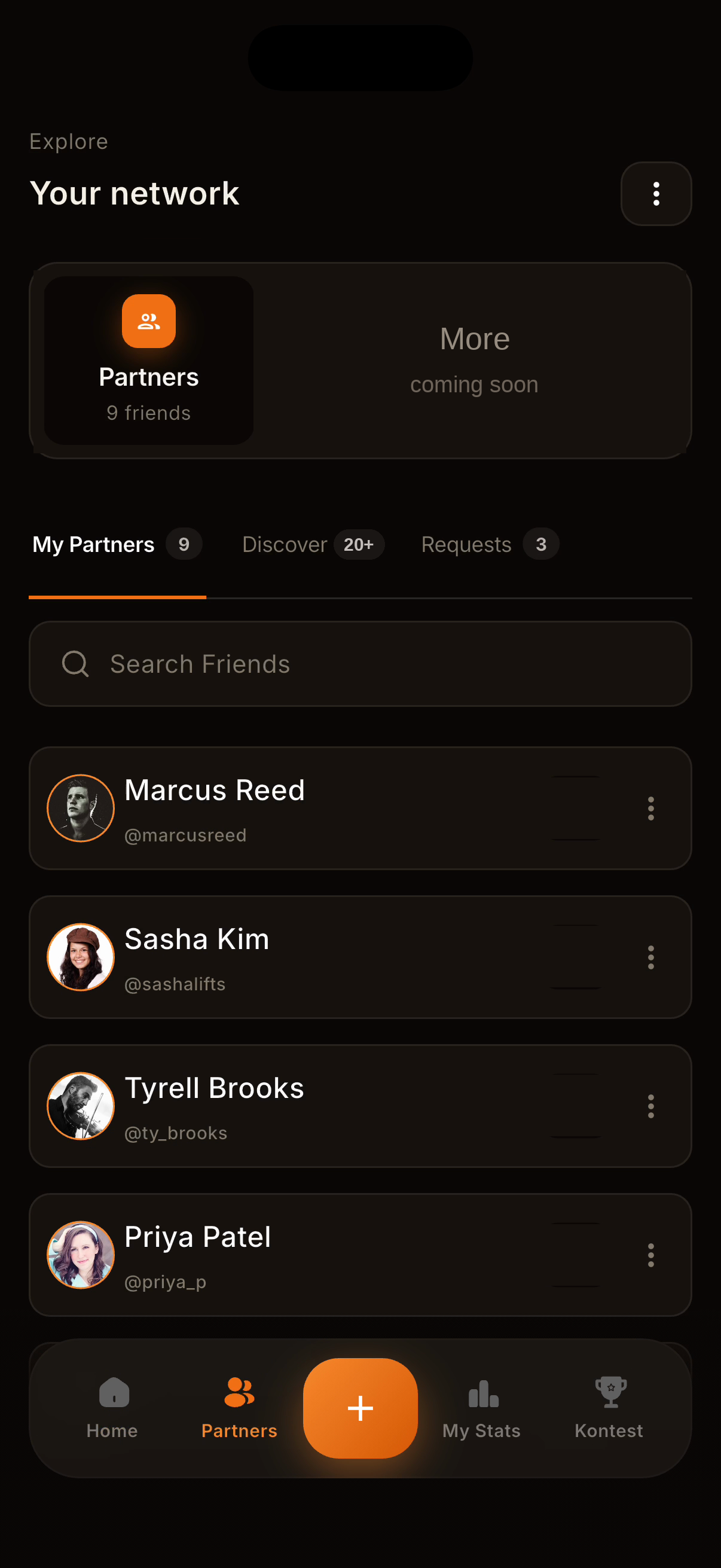 kontest partners screen listing friends, courses, and trainers with friend discovery and add buttons