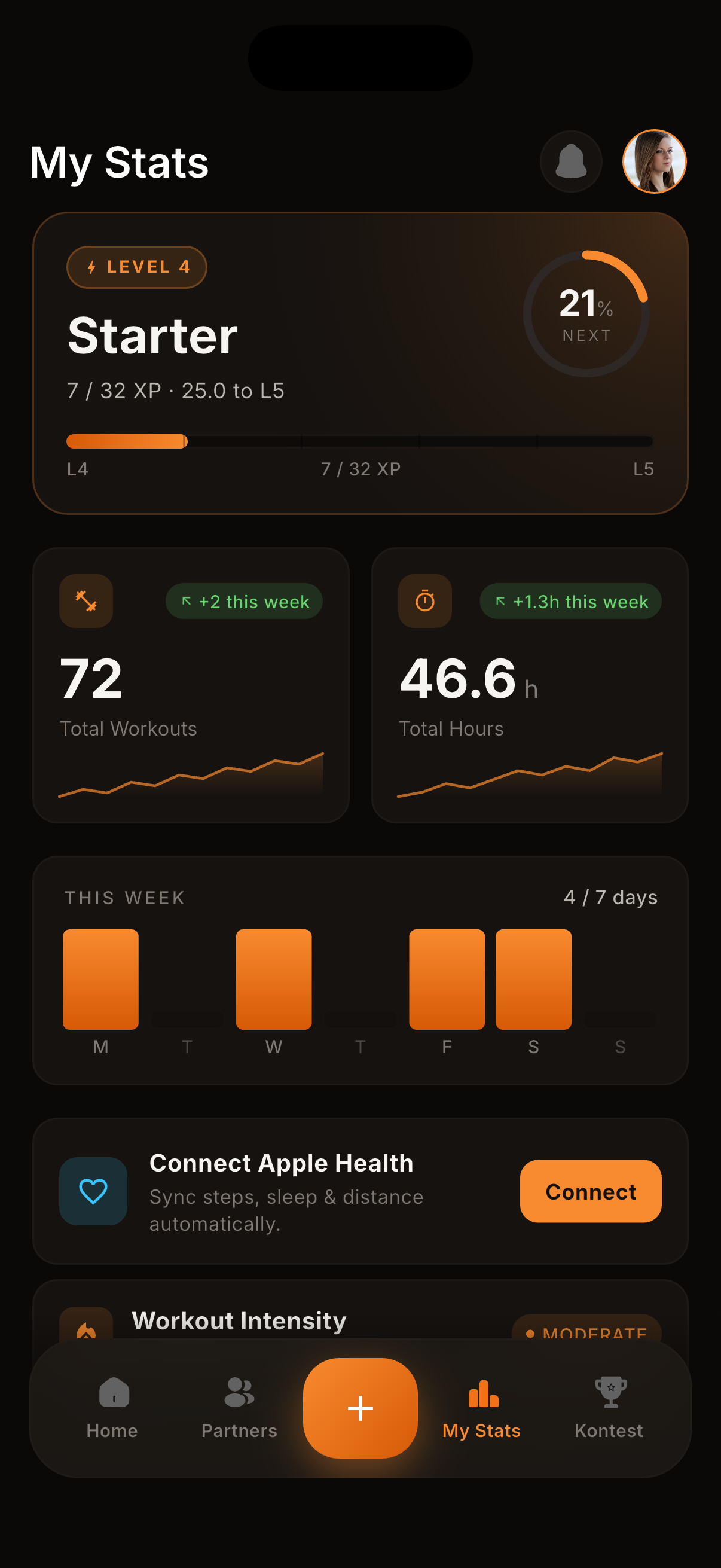 kontest my stats screen showing level and XP, total workouts, total hours, and weekly volume bars