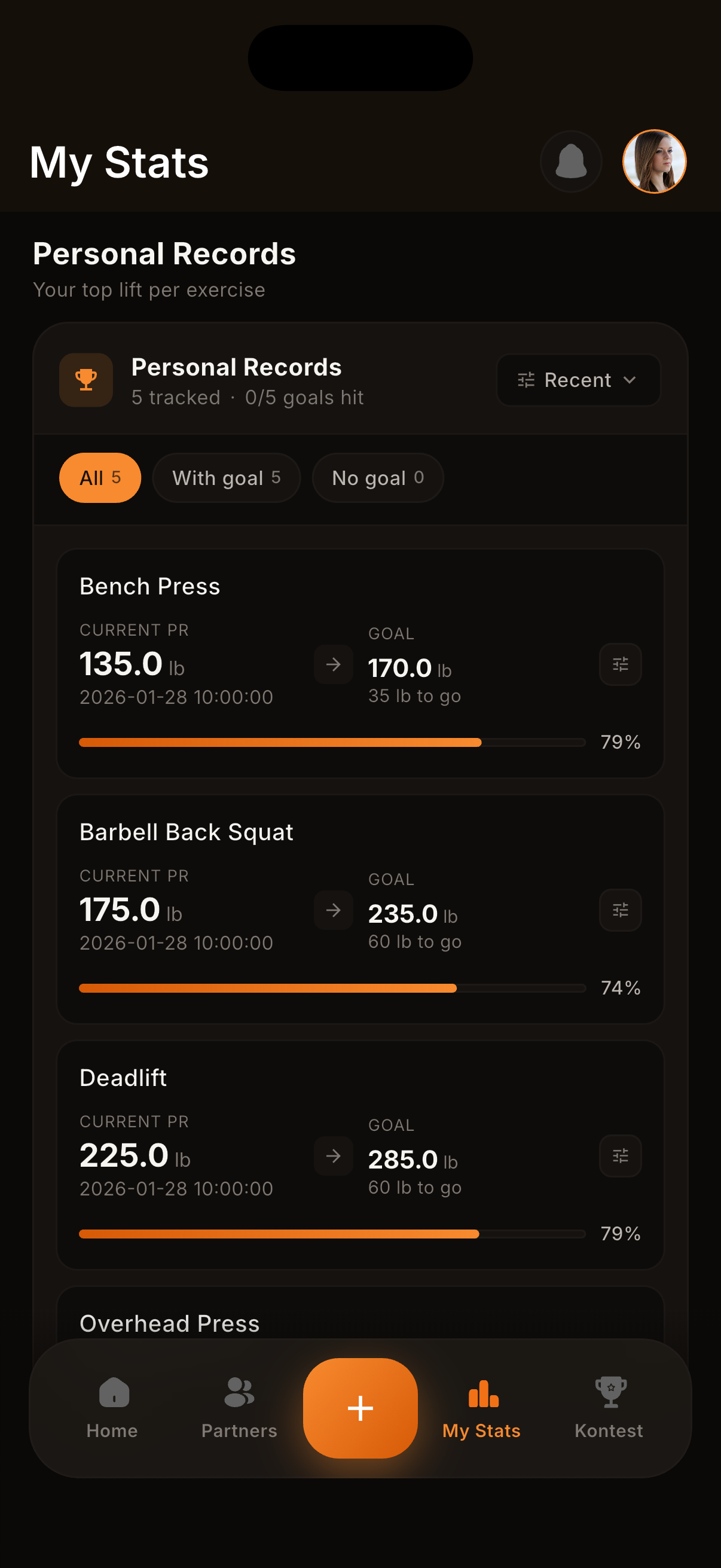 kontest personal records and training distribution heat map showing top focus, balance, and needs-work muscle groups