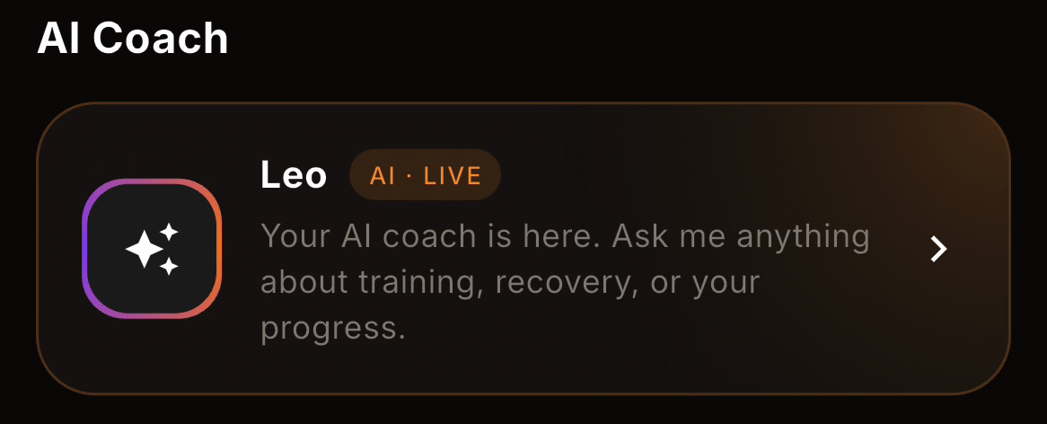 kontest AI coach card for Leo inviting you to ask anything about training, recovery, or progress